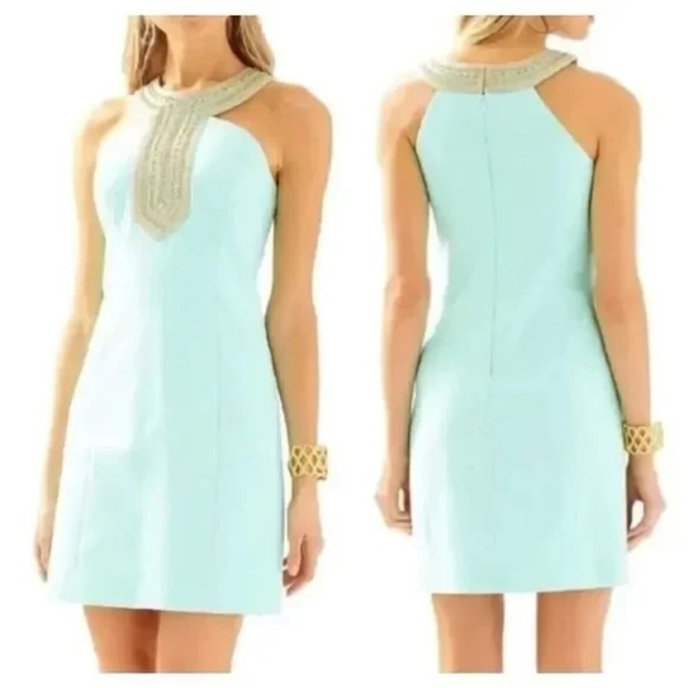 NWOT Lilly Pulitzer Adelina Beaded Aqua Halter Shift Dress 2 Gold Poolside Blue